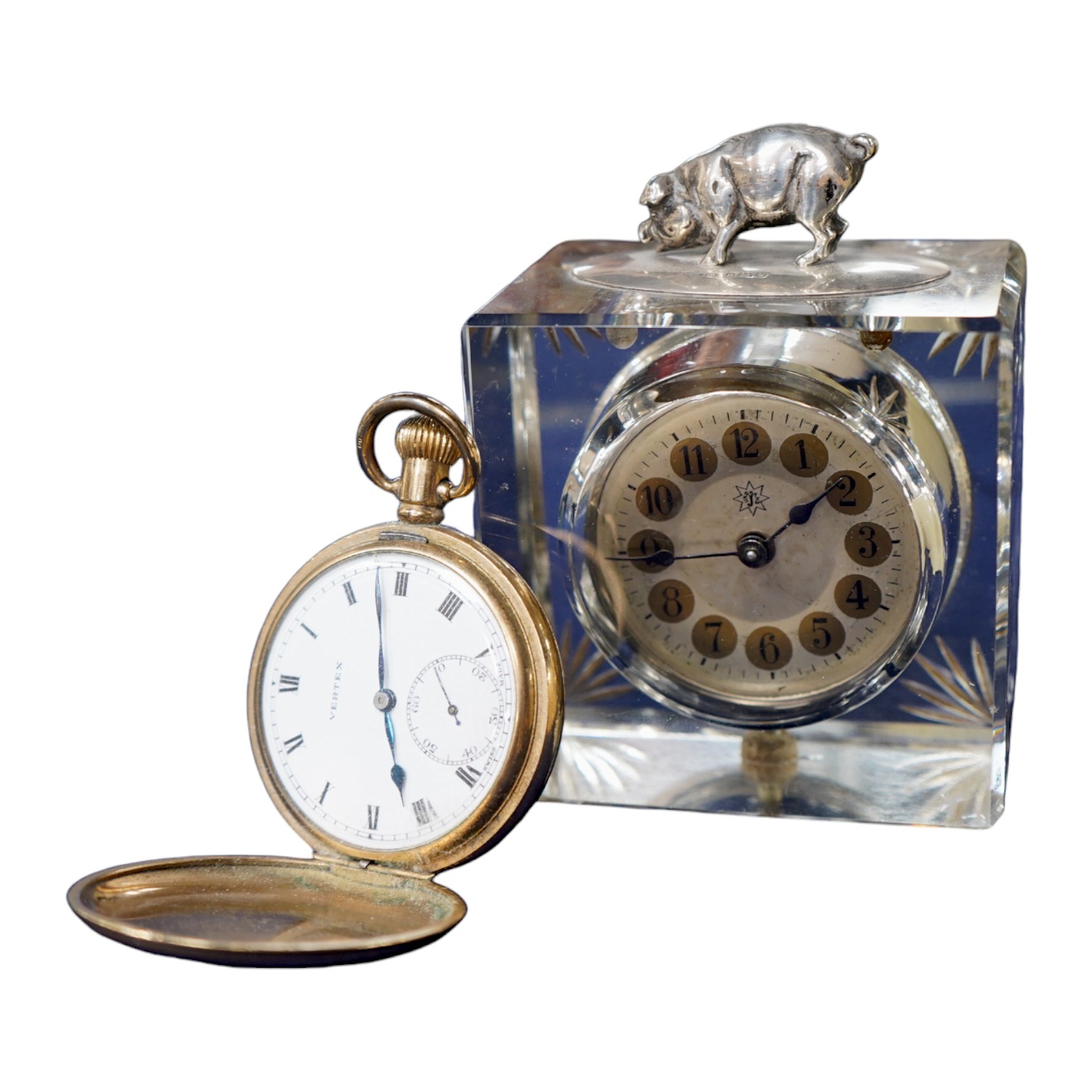 A gold plated Vertex hunter pocket watch and a George V silver mounted glass desk timepiece, with pig finial, height 95mm. Condition - poor.